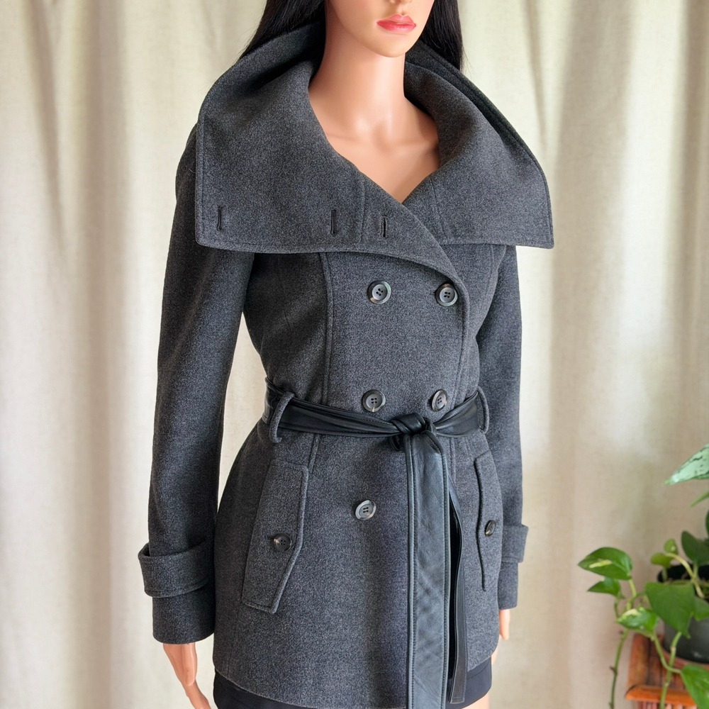 Cole Haan Grey Wool Cashmere Double Breasted Leather Belted Coat 2 Quiet Luxury